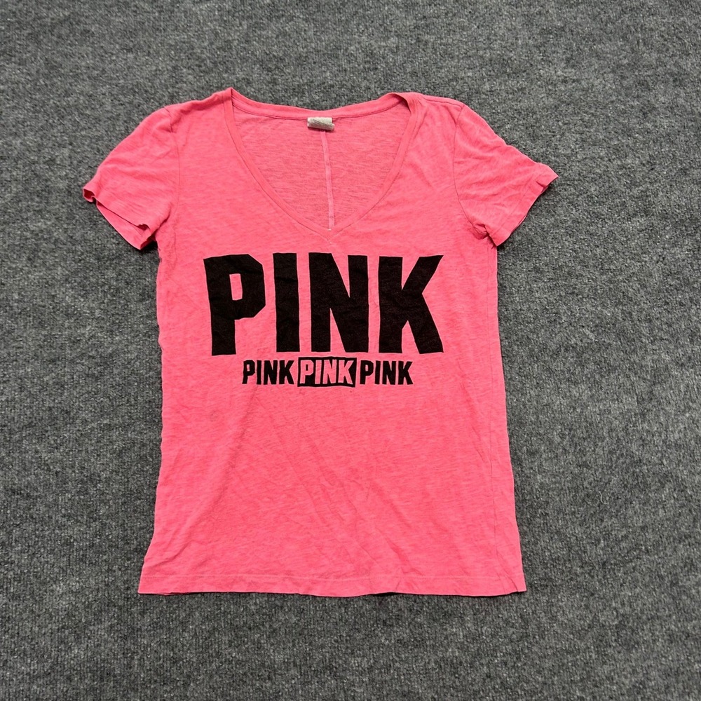 PINK Victoria's Secret T-Shirt Womens Size XS Pink V-Neck Logo Slub Knit Casual